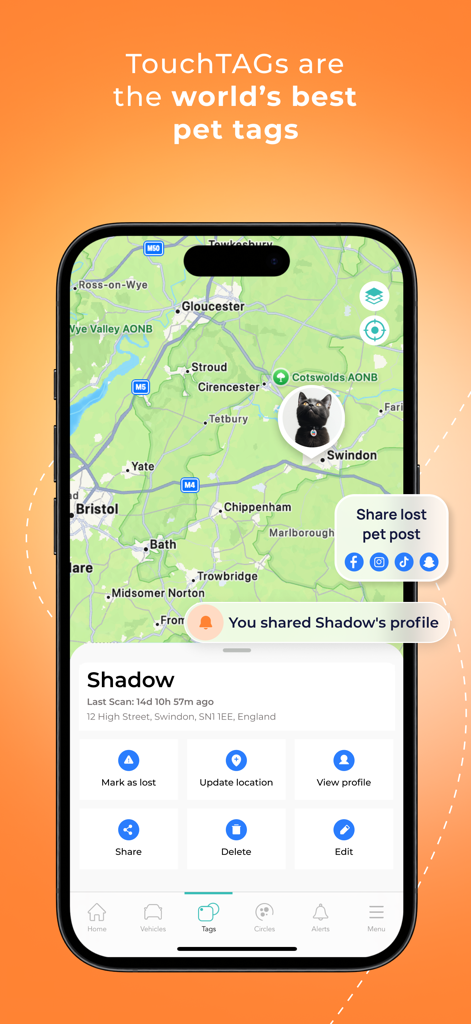 Letstrack - Family App - Letstrack app interface displaying a pet location on a map with options to mark as lost and share the pet profile on social media.