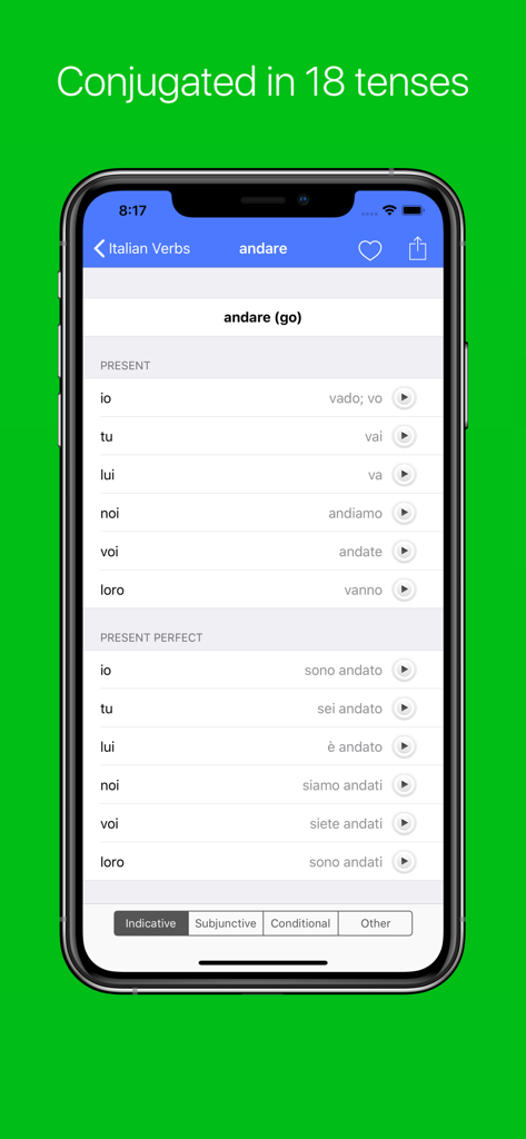 Italian Verb Conjugator - A smartphone screen displaying Italian verb conjugations for andare in different tenses with audio pronunciation buttons