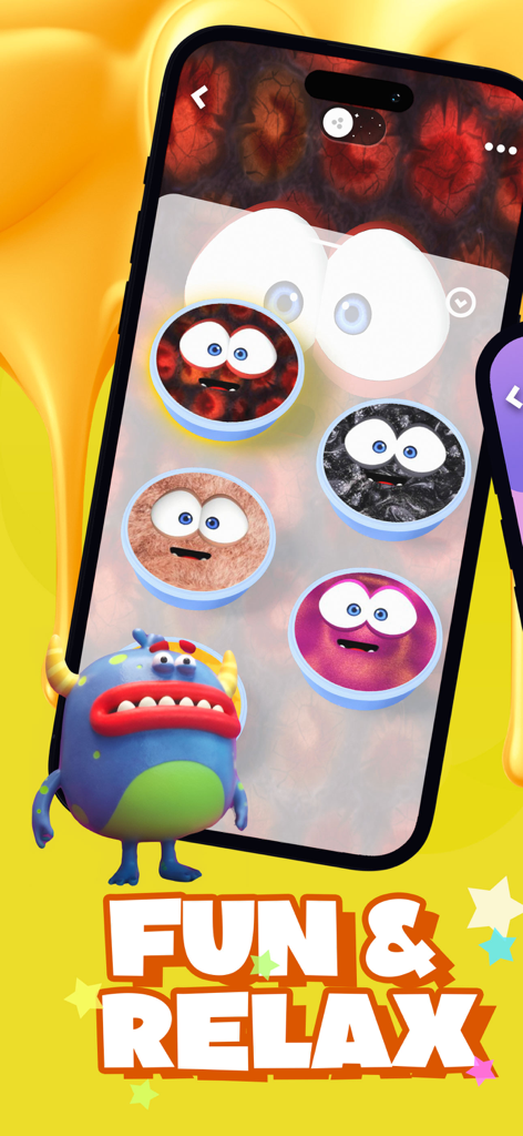 A smartphone displaying various colorful slime pet options and a cute blue monster character under the text Fun and Relax