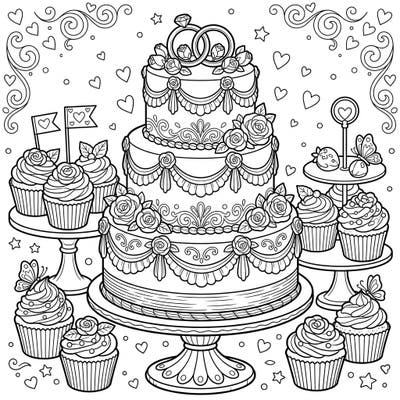 Step into a world of sweet celebration with our exquisite wedding cakes coloring page. This intricate design features a grand tiered cake surrounded by delightful cupcakes, perfect for bringing your dream wedding colors to life.