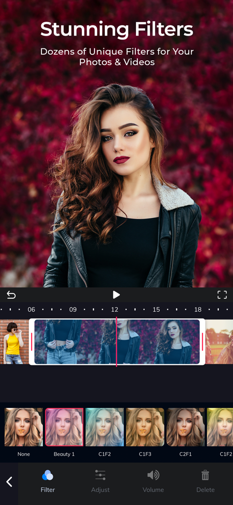 Add Music to Video‎‎‏‏‎ ‎ - A mobile video editing interface showing dozens of unique filters for creators