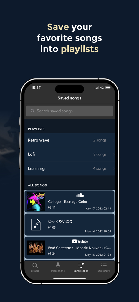 Chord ai - Play any song! - Chord ai app interface showing saved songs and custom playlists for organized music practice
