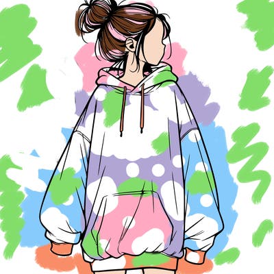 realistic girl with a oversized sweatshirt on and a bun