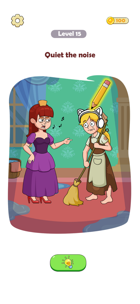 Draw Funny Story: DOP Puzzle - Gameplay screen of Draw Funny Story DOP Puzzle showing a cartoon girl wearing headphones to quiet the noise of a yelling character