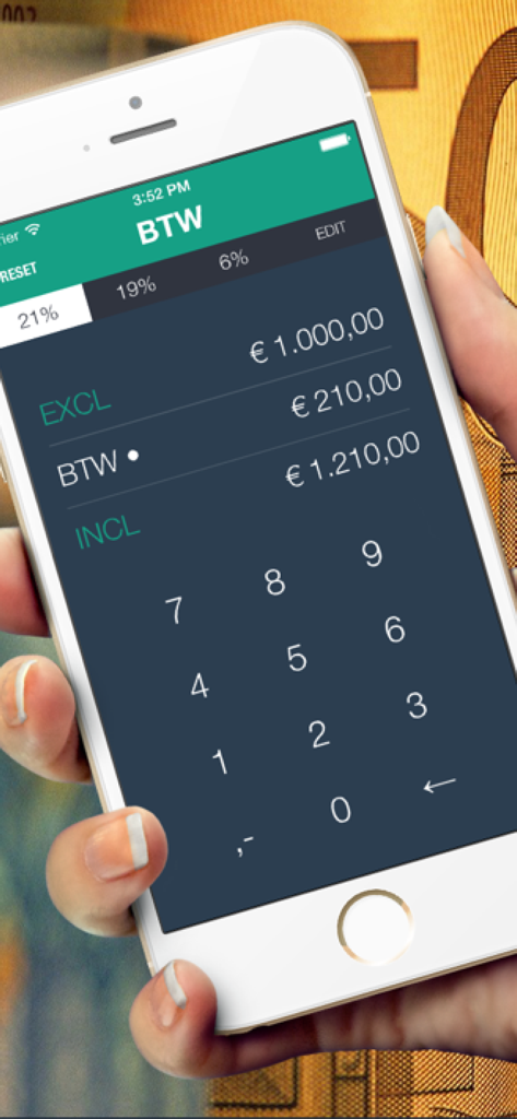 BTW berekenen app - BTW - IPhone screen showing the BTW app interface calculating VAT at 21 percent