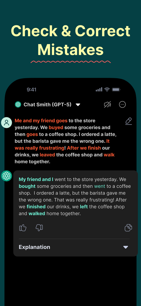 Chat Smith AI assistant correcting grammar and spelling mistakes in a chat interface