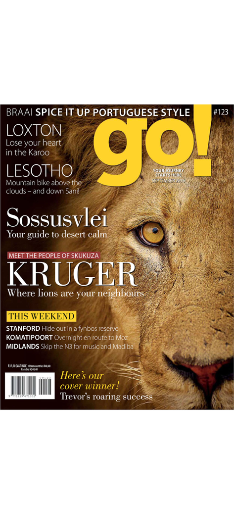 Go Magazine cover featuring a close up photo of a lion and travel headlines for Kruger and Sossusvlei