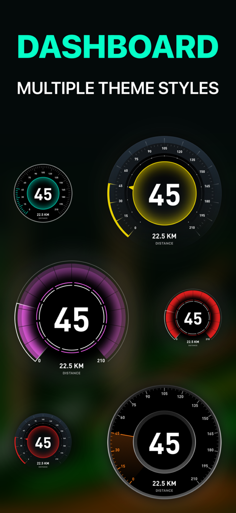 Multiple dashboard theme styles for the GPS Speedometer app