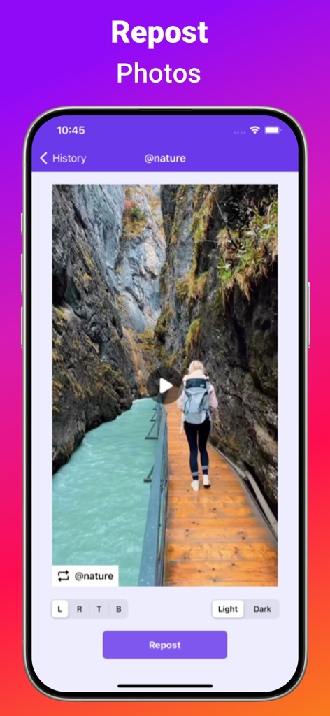 InstSave: Reels Story Repost - Interface of InstSave app displaying a photo repost preview with attribution settings