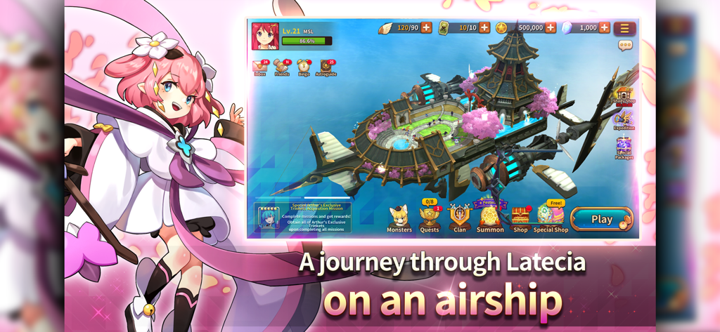 Monster Super League - Gameplay screen of Monster Super League showing an airship journey through Latecia with an anime character