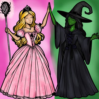 detailed realistic split of a princess and a witch