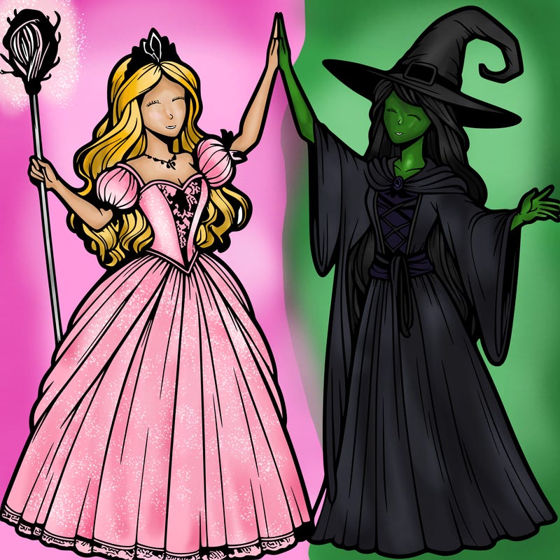 detailed realistic split of a princess and a witch