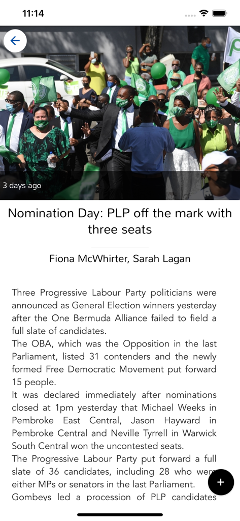 Royal Gazette eEdition - A news article titled Nomination Day PLP off the mark with three seats displayed on a mobile screen in the Royal Gazette eEdition app.