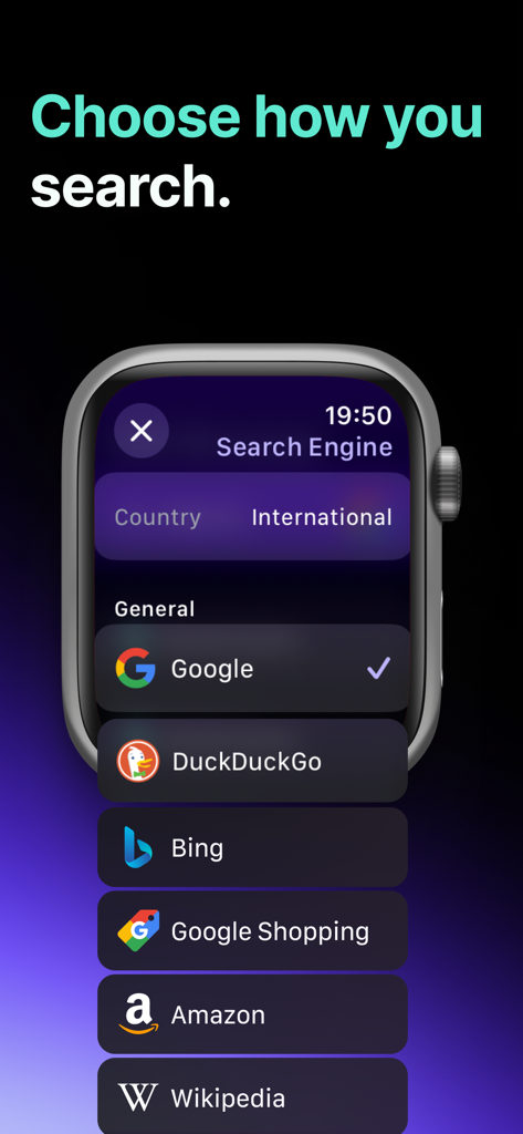 Ant BrowserアプリでGoogleやDuckDuckGoなどの検索エンジン選択肢を表示するApple Watch画面。