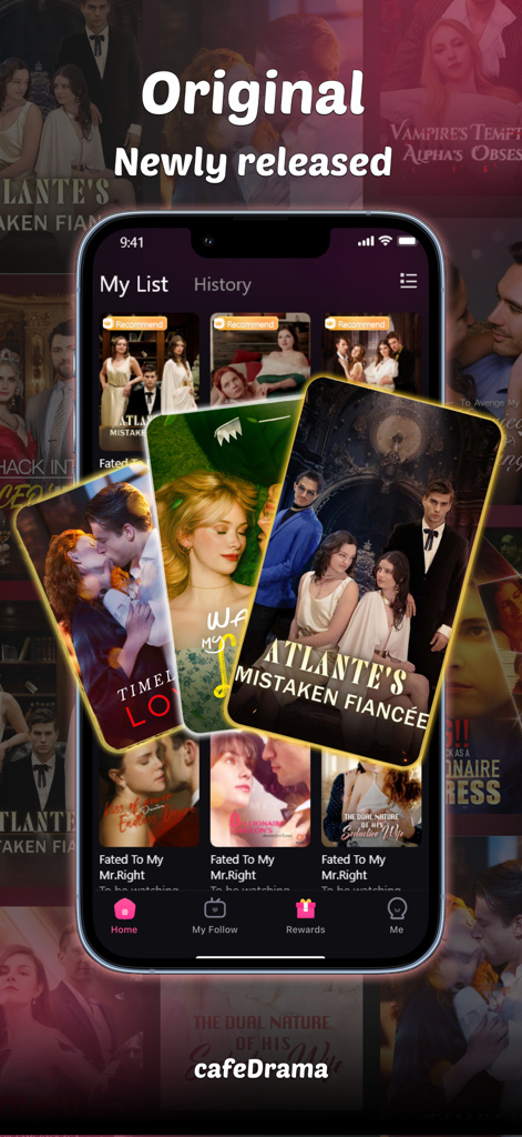 CafeDrama-Short Dramas & Movie - CafeDrama app displaying a library of original short romantic dramas on a mobile screen