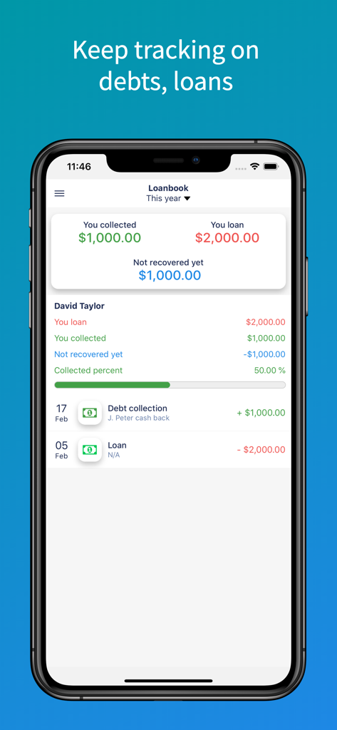 SmartMoney - Budget Planner - SmartMoney app screenshot showing the loanbook feature to track debts and loans with a list of transactions.