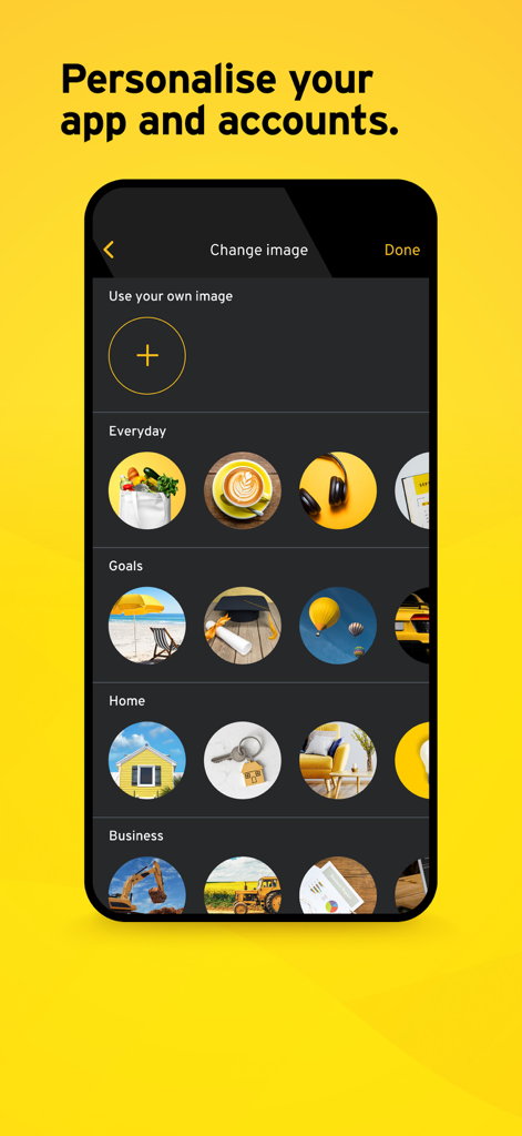 ASB Mobile Banking - ASB Mobile Banking app screen showing options to personalize account images for everyday goals home and business categories