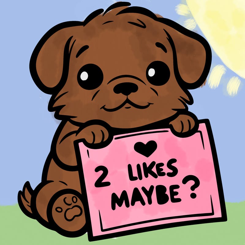 a puppy holding a sign that says 2 likes maybe?