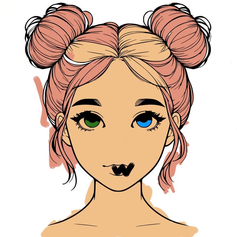 realistic girl with two buns on top of her head