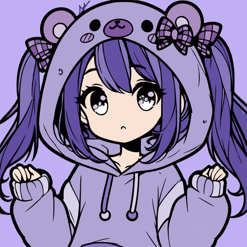 cute anime girl with ponytails and a cute bear hoodie