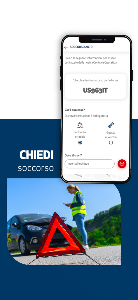 Interface of the Unipol Assicurazioni mobile app for requesting emergency roadside assistance after a car accident or breakdown