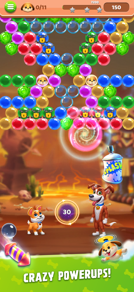 Bubble Shooter King - Gameplay screenshot of Bubble Shooter King showing colorful bubbles and dog character powerups in a desert setting