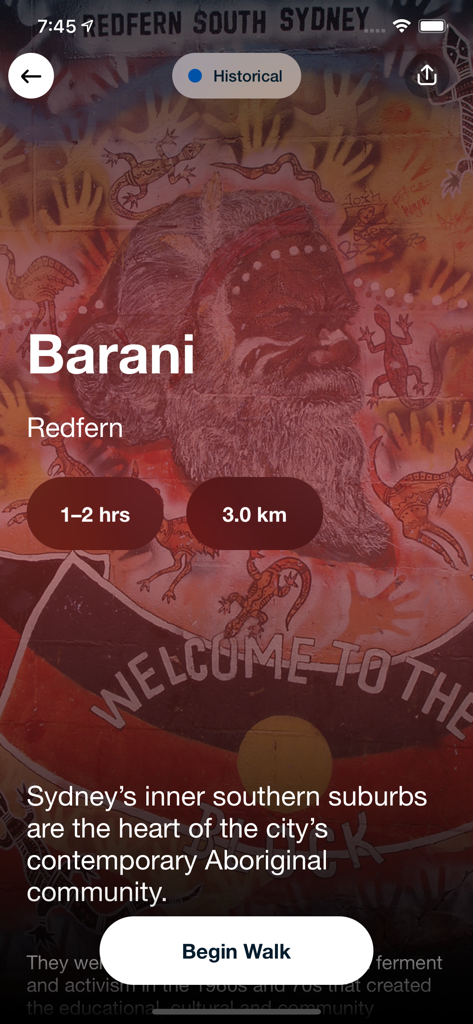 Sydney Culture Walks - Sydney Culture Walks app screen for the Barani Aboriginal history walk in Redfern