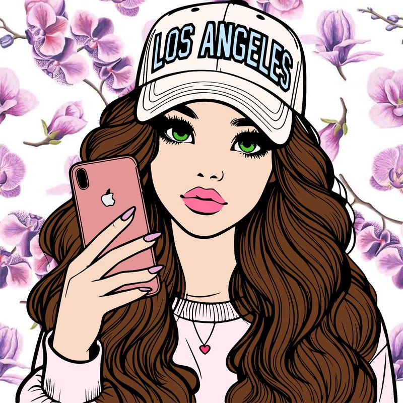 realistic beautiful girl wearing los ángeles cap holding an iphone