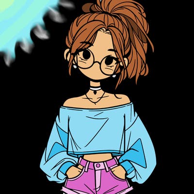 girl with a messy ponytail glasses a baggy crop top and jean shorts