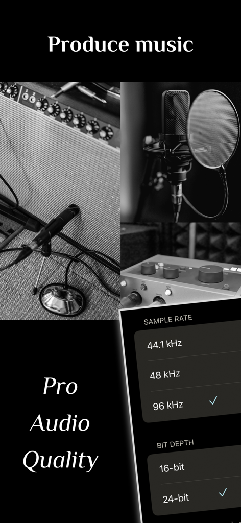 StudioMini - Music Recorder - StudioMini app screen showing professional audio quality settings for 96kHz and 24-bit recording