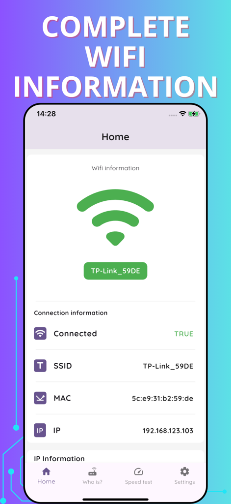 Wifi password auto - モバイルアプリ画面。SSID、MACアドレス、IPアドレスを含む詳細なWiFi接続情報が表示されています
