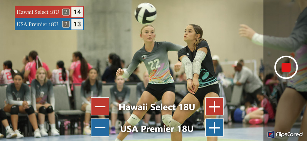 A live volleyball match being recorded with a real-time scoreboard overlay using the FlipsCored app.