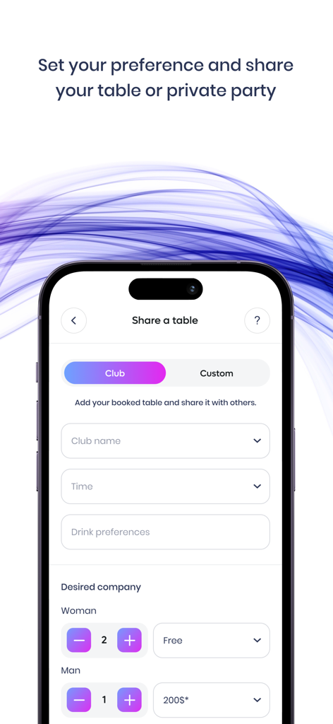 TABLER mobile app screen for sharing a club table and setting guest preferences