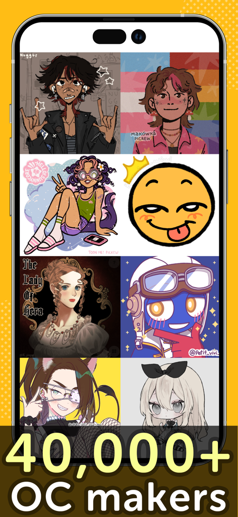 Un écran de smartphone affichant un collage diversifié de huit styles d'avatar artistiques différents, y compris des personnages anime, emo et chibi, avec le texte 40 000+ créateurs d'OC.