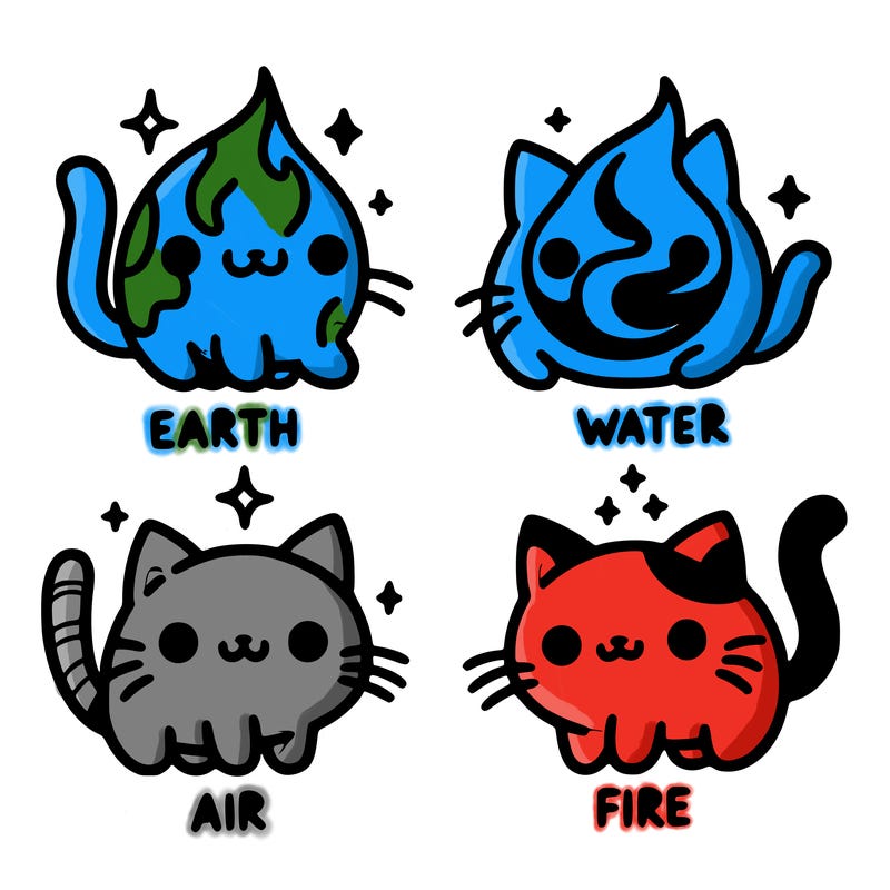 4 cats that represent the different elements, earth, water, air, and fire
