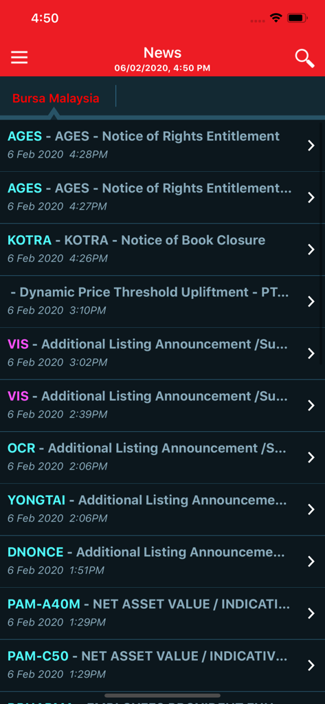 Real-time news feed showing stock announcements and market notices for Bursa Malaysia within the PB Sharelink app