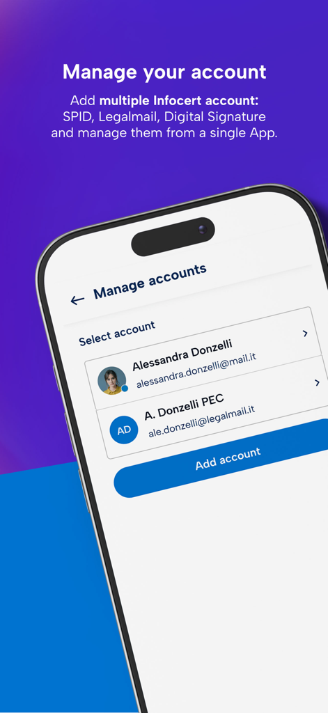 My Infocert - A mobile interface of the My Infocert app showing the manage accounts screen where users can add and switch between multiple SPID and Legalmail accounts.