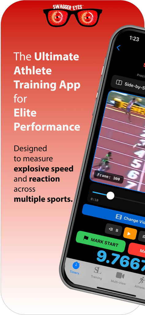 Swagger Eyes: SprintTimer - Swagger Eyes SprintTimer app interface on a smartphone showing video-based timing analysis for track and field athletes