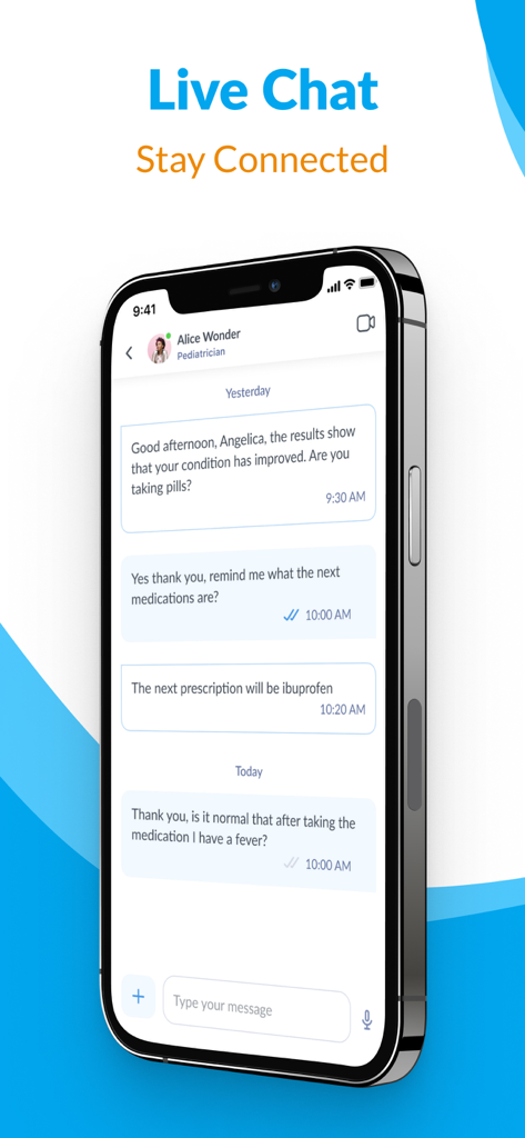 WeHealth Telehealth - Screenshot der Live-Chat-Funktion der WeHealth App, der eine Konversation zwischen einem Patienten und einem Kinderarzt über Medikamente zeigt.