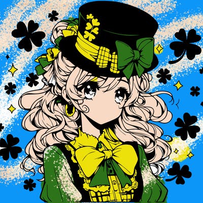 a manga-style girl with clovers around her, a little hat in her hair, like it's saint patrick's day