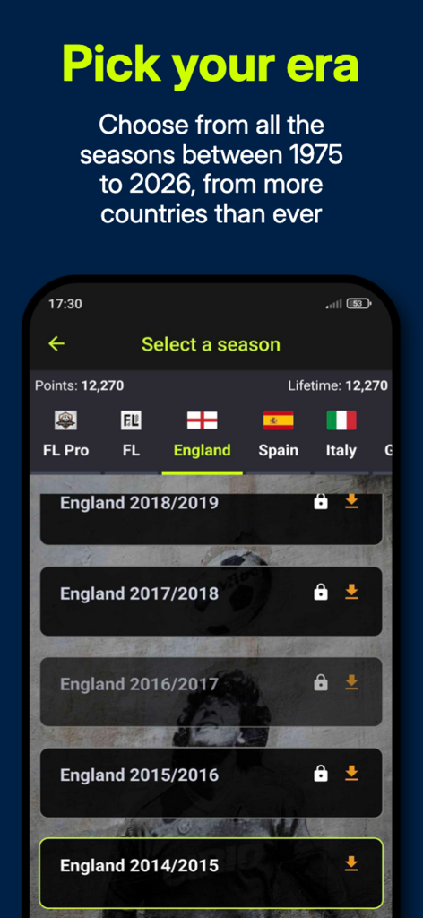 RFM26 Football Manager - A screen in the RFM26 Football Manager app allowing users to pick historical soccer seasons from various countries between 1975 and 2026.