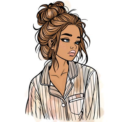 realistic woman with pajamas on and a messy bun