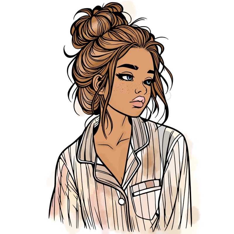 realistic woman with pajamas on and a messy bun