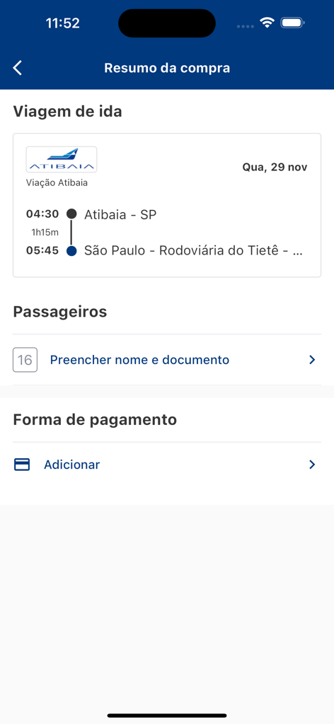 A mobile screen showing the purchase summary for a bus trip from Atibaia to Sao Paulo on the Viacao Atibaia app.