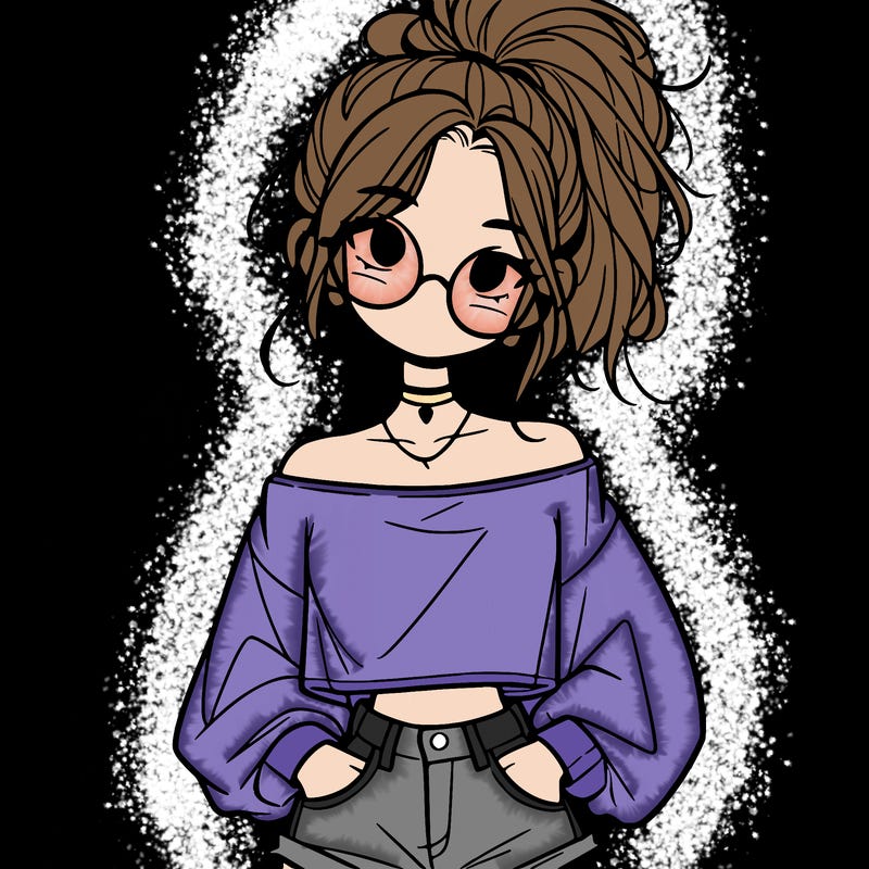 girl with a messy ponytail glasses a baggy crop top and jean shorts