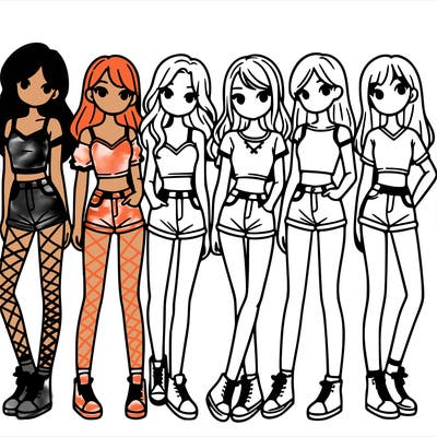 a group of girls wearing crop tops and shorts