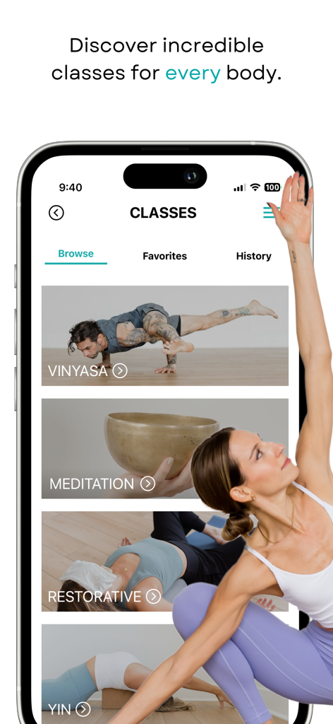 YogaRenew | Yoga At Home - Interface of the YogaRenew app showing yoga and meditation class categories like Vinyasa and Restorative