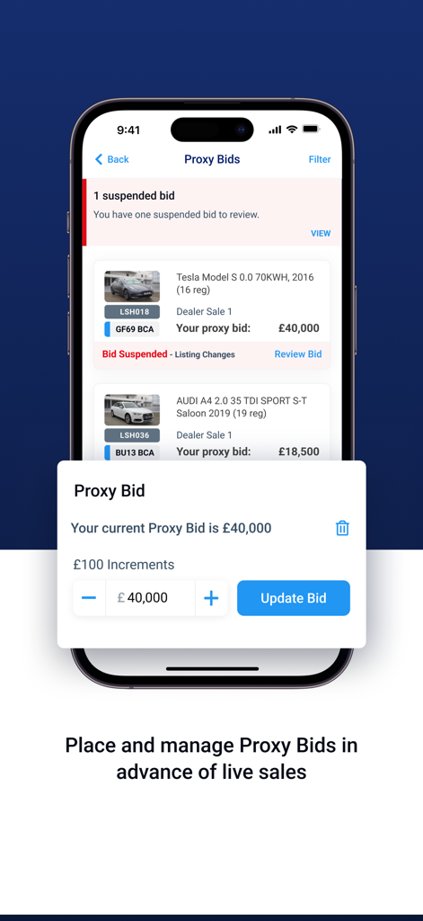 BCA Buyer - Mobile interface for placing and managing vehicle proxy bids in the BCA Buyer app