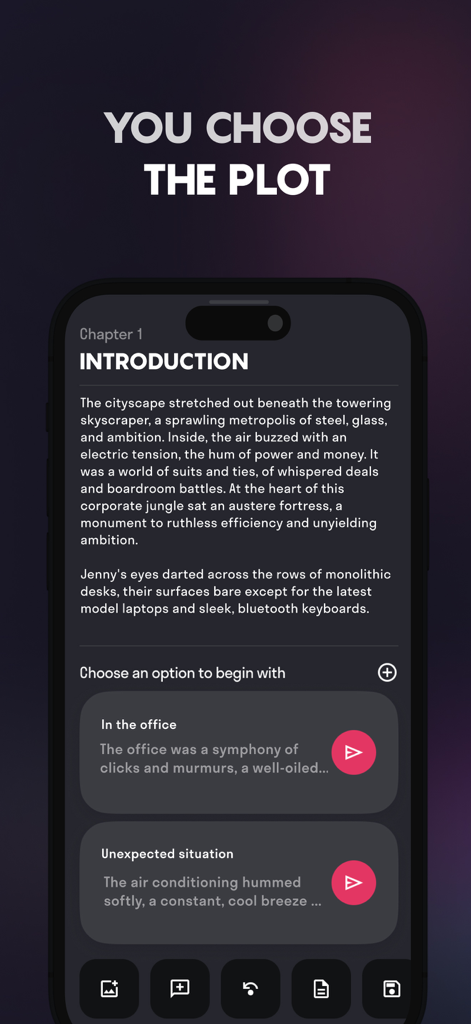 Dreampress AI: Story Generator - Une capture d'écran de l'application Dreampress AI montrant une introduction de chapitre et des options pour que l'utilisateur choisisse la direction de l'intrigue.