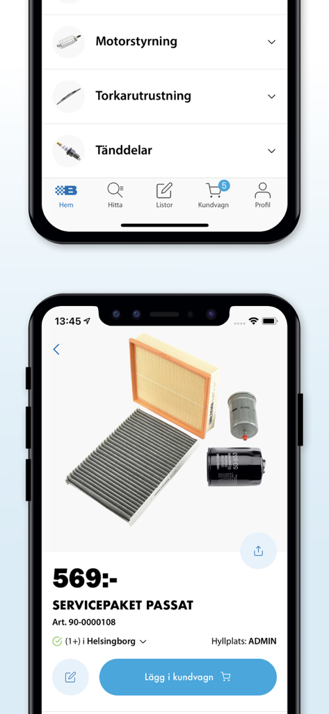 Biltema - Pantallas de la aplicación móvil de Biltema que muestran categorías de piezas de automoción y un kit de servicio para un Volkswagen Passat